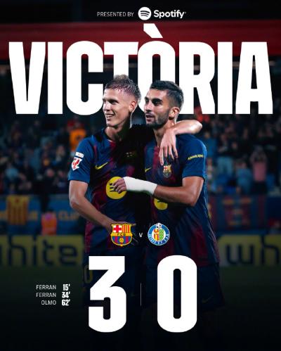 西甲：巴萨3-0赫塔费 费兰双响 拉什福德替补献助攻