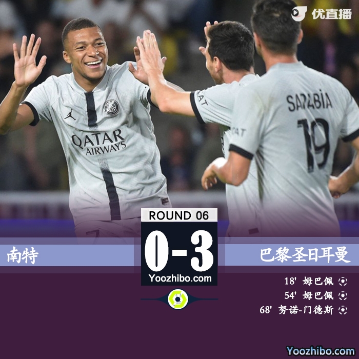 巴黎3-0南特 梅西连场助攻双响姆巴佩两球