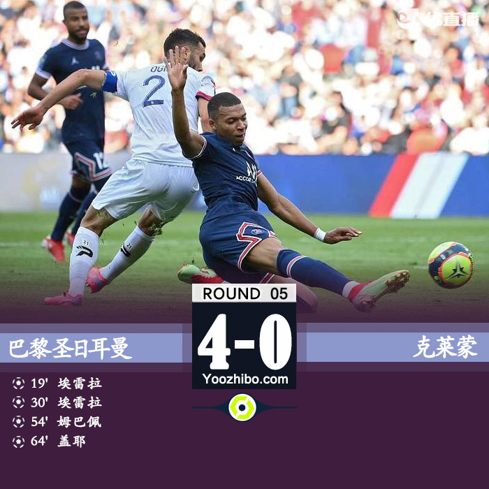 巴黎4-0克莱蒙  埃雷拉双响姆巴佩造3球