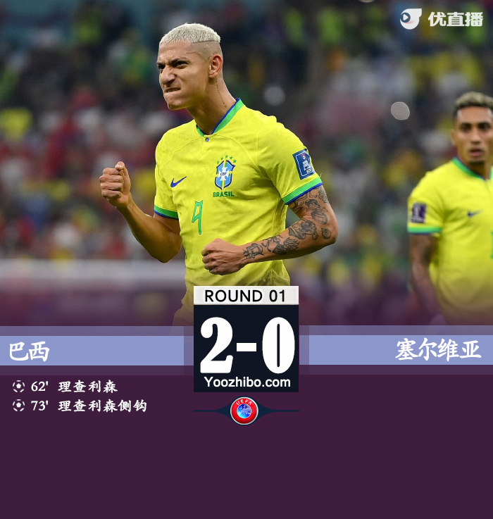 巴西2-0塞尔维亚 理查利森超级侧钩破门+双响内马尔伤退