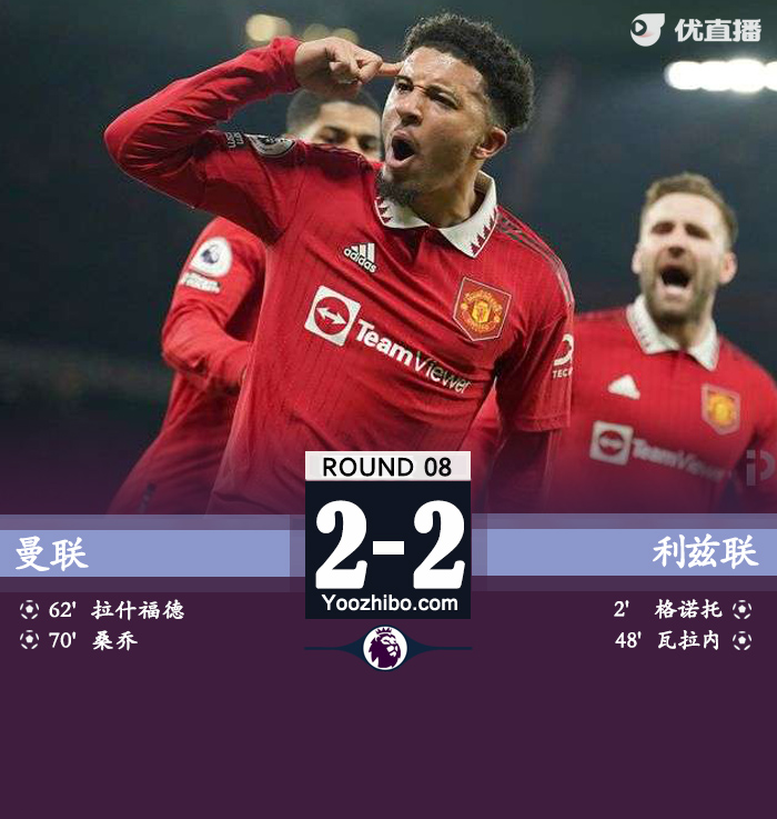 曼联2-2利兹联 瓦拉内乌龙拉什福德桑乔破门 