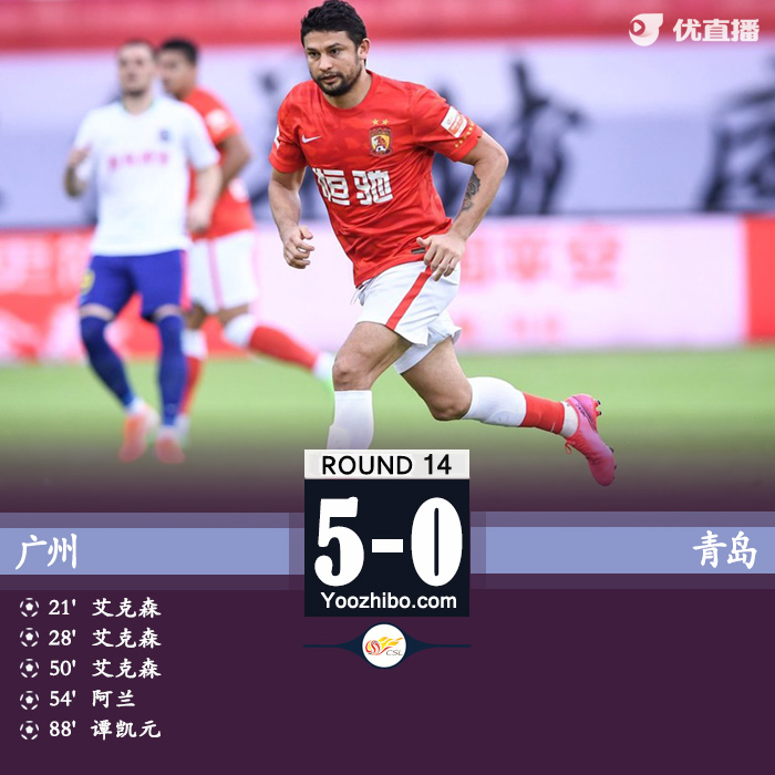 广州队5-0送青岛队  艾克森戴帽谭凯元世界波