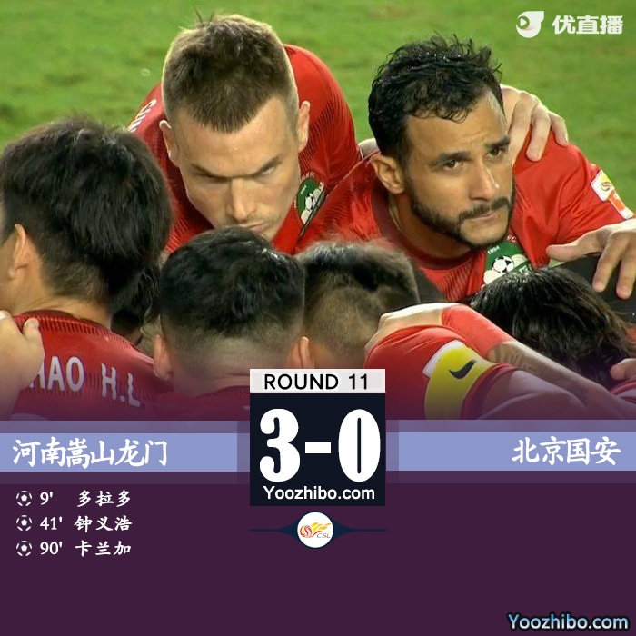 河南嵩山龙门在主场3-0完胜北京国安