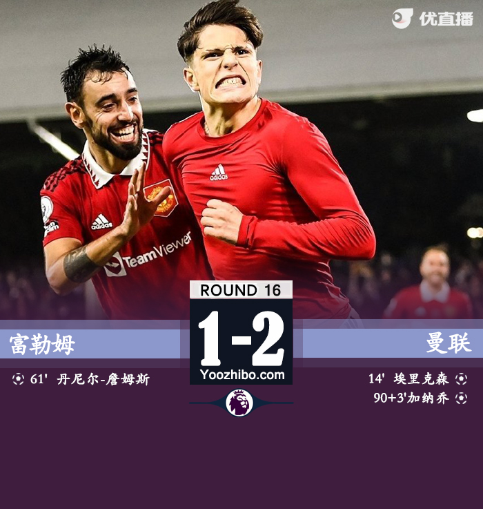 曼联2-1富勒姆 加纳乔替补制胜埃里克森传射