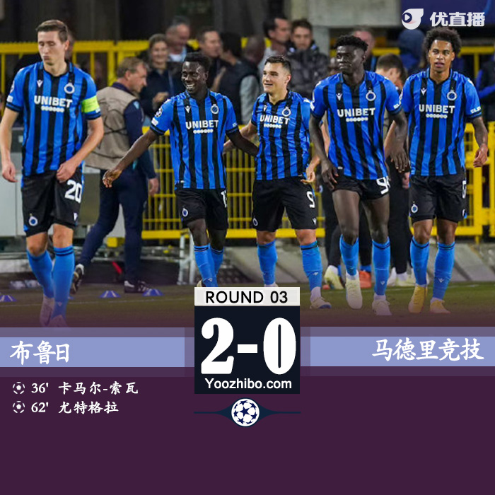 马竞0-2布鲁日 格列兹曼失点+进球越位