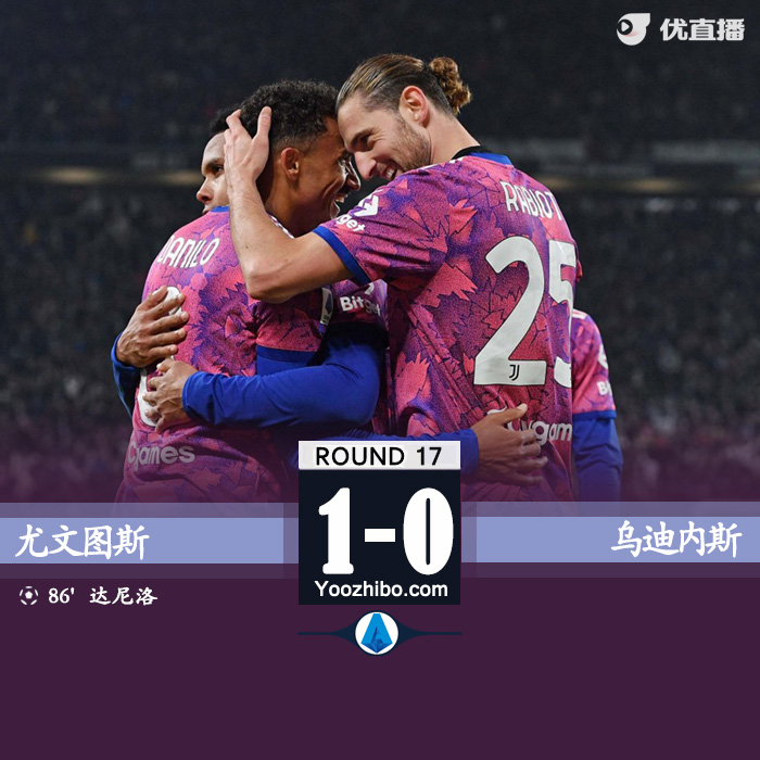 尤文1-0乌迪内斯 达尼洛绝杀基耶萨送助攻 