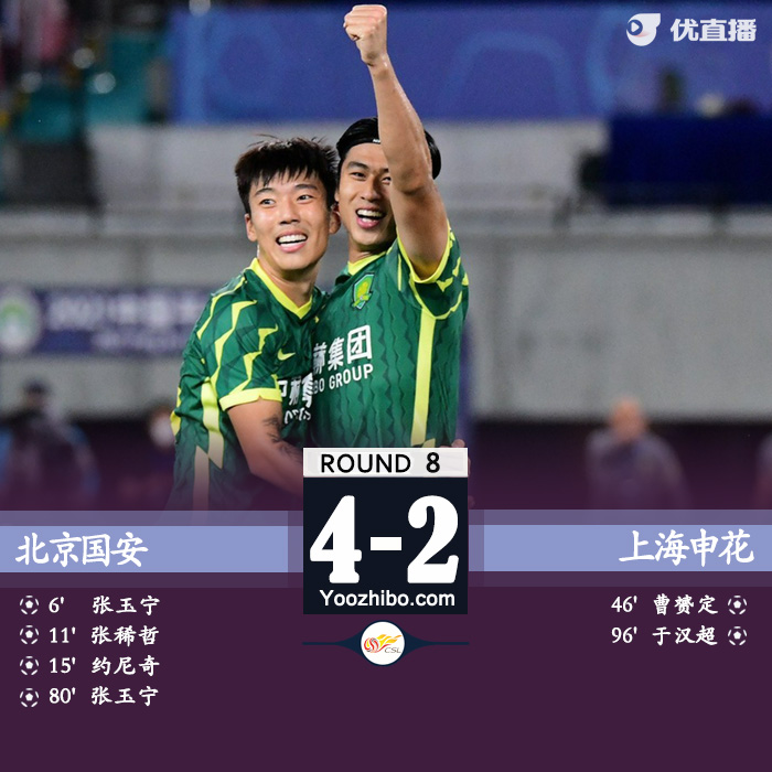  国安4-2申花  张玉宁世界波+双响侯森屡献神扑