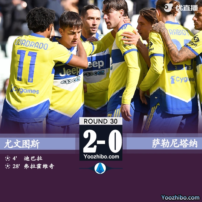 尤文2-0萨勒尼塔纳  弗拉霍维奇传射迪巴拉破门