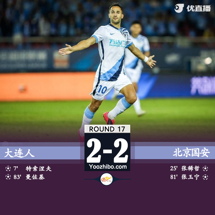 大连人2-2北京国安 特索涅夫破门张稀哲破门吴龑扑点